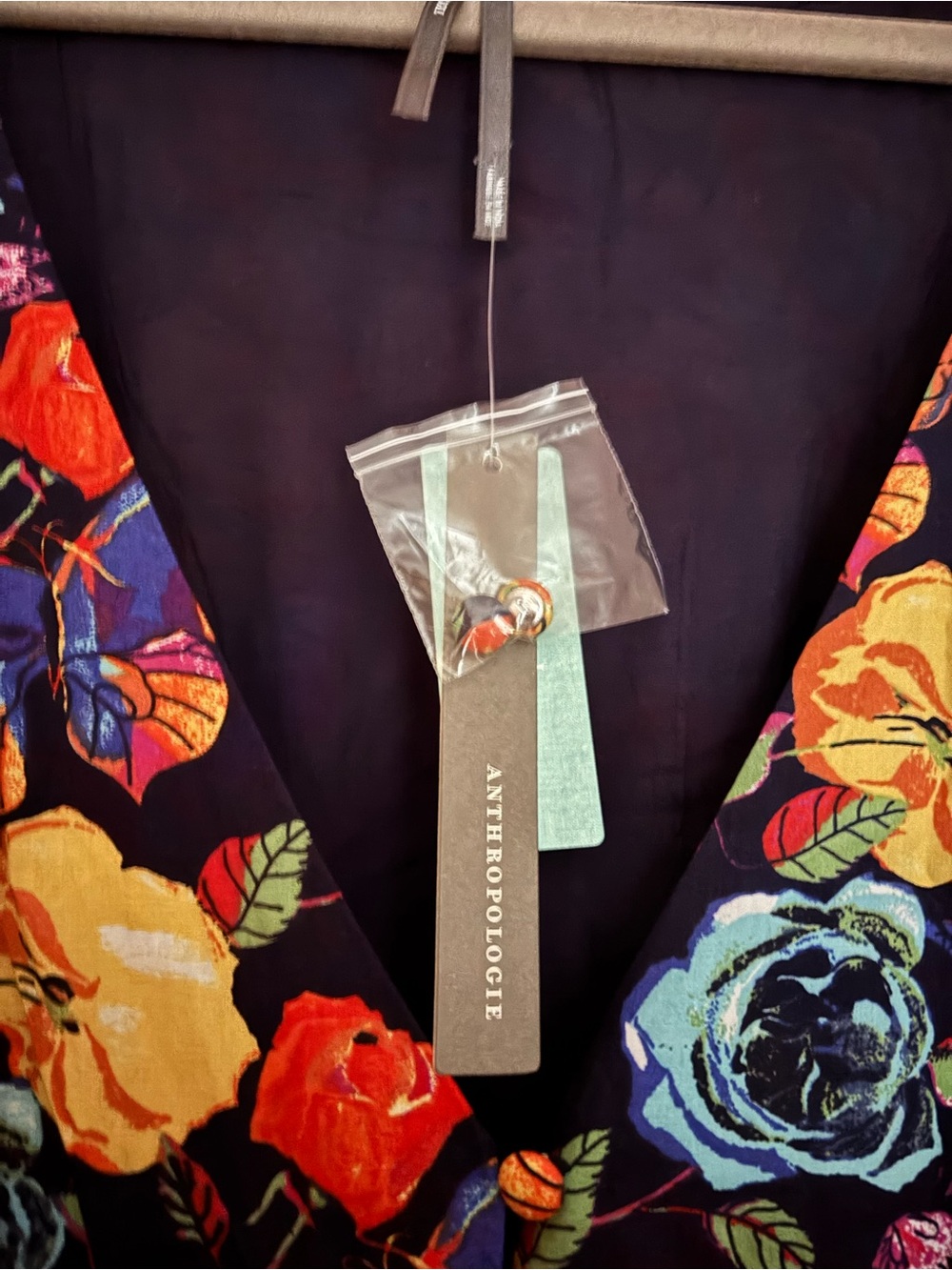 Anthropologie Katerina Button Front Navy Floral with Multicolor Roses - Picture 2 of 5